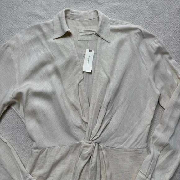 NEW Anthropologie Twist Knot Front Vneck Linen Midi Dress 6 Neutral Minimalist - Picture 6 of 9